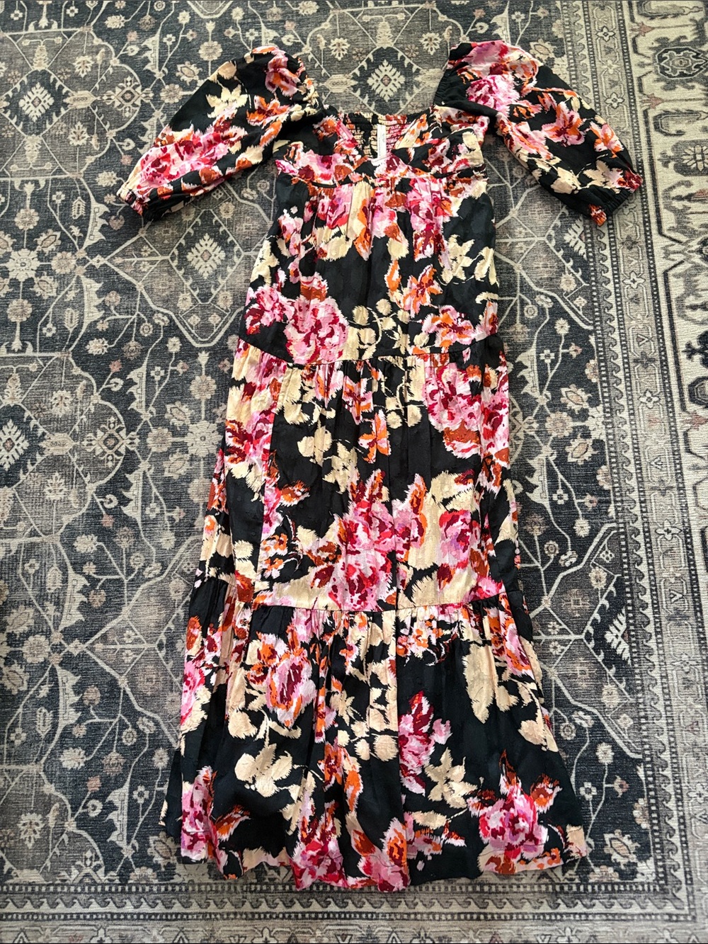 Anthropologie Floral Black Maxi Dress with Pink & Cream Blooms XXSP